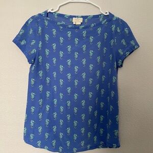 Kate Spade New York Seahorses Print Top Blouse Silk-Blend Size 4 Blue.